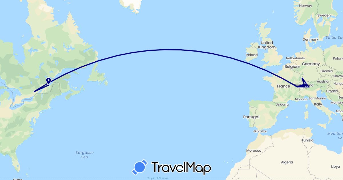 TravelMap itinerary: driving in Canada, Switzerland, Germany (Europe, North America)